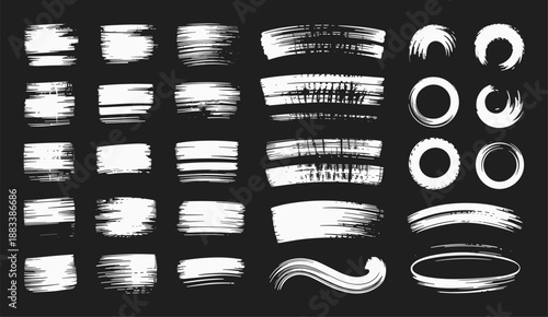 White grunge post brush, circles and rectangles. Blank shapes. Banners, insignias, logos, icons, labels and badges collection.