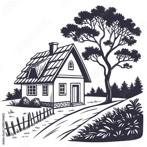 Quaint cottage beside a large tree