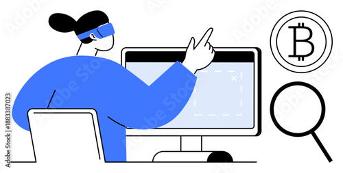 Individual in VR headset interacting with monitor, Bitcoin sign, magnifying glass. Ideal for blockchain, cryptocurrency, innovation, data analysis, fintech digital currency exploration. Simple flat