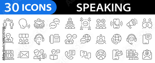 Speaking icon set. Communication icons for web and mobile app. Discussion, speech bubble, talking, consultation, conversation, people, support, team and more.