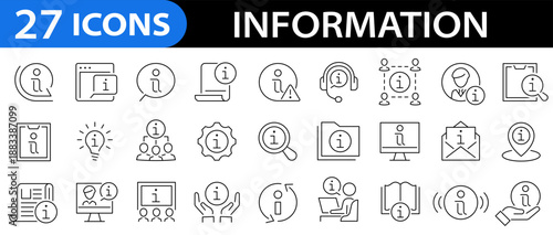 Information icon set. Reception information, journey path, guide book. info center, call center, faq chat bubbles, info help desk, news, instructions, notice and more. Vector illustration
