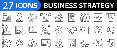 Business strategy icon set. Business, planning, strategy, strategic plan, brainstorming, analysis, statistics, including market analysis and more. Editable stroke. Vector illustration