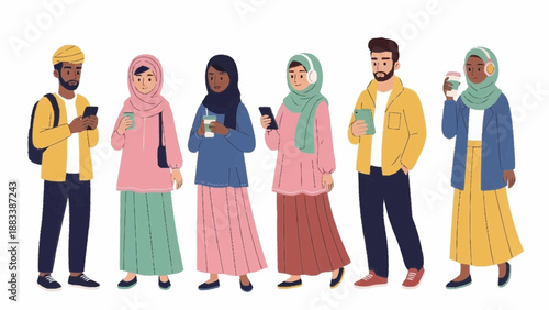 A diverse group of people using mobile phones in a modern urban environment from a frontal viewpoint