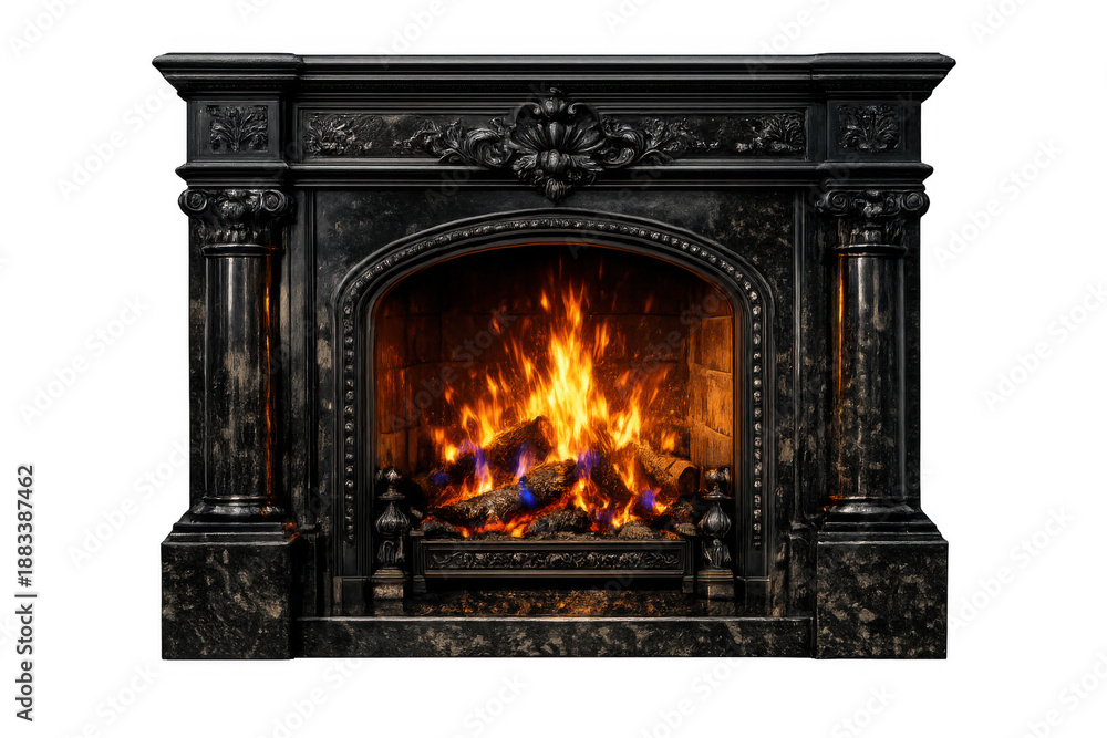 Obraz premium Ornate black marble fireplace with a burning fire and wooden logs providing warmth and cozy ambiance on transparent background