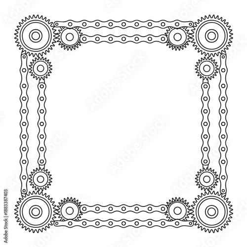 Frame border made of bicycle chain links and gears in mechanical style creating industrial or steampunk aesthetic for creative graphic design projects on transparent background