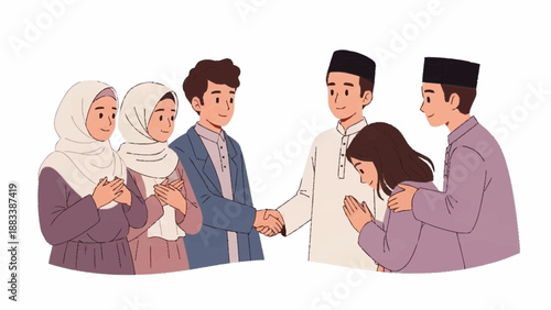 Illustration of a Muslim couple meeting the family of their partner for the first time in a traditional setting