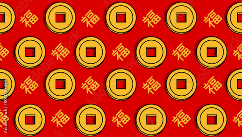Chinese New Year background featuring an endless seamless pattern of lucky gold coins and traditional Fu (fortune) character calligraphy pattern for wealth, good fortune and oriental.
