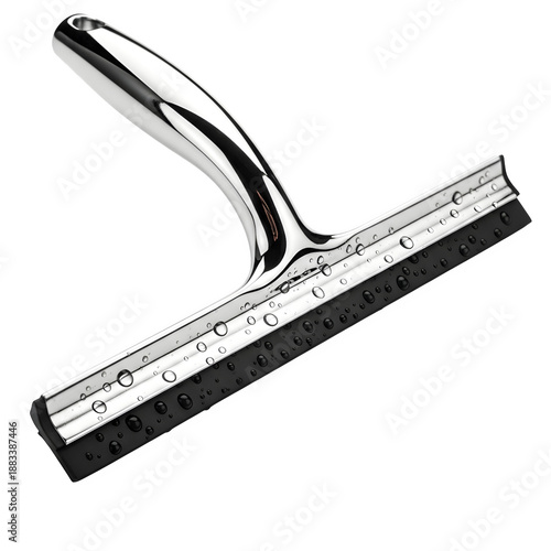Window Squeegee Cleaning Glass Surfaces, Chrome Tool, Water Droplets, Studio Lighting, High-Resolution Product Shot