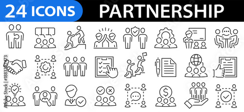 Partnership icon set. Business, agreement, cooperation, conversation, teamwork, documentation and more. Outline icon collection. Editable stroke. Vector illustration