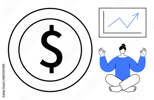 Financial planning, mindful practices, business growth, productivity focus, wealth management, balance. Dollar symbol, person meditating graph showing upward trend. Financial planning and mindful