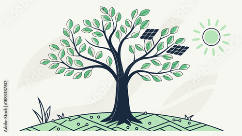 Cybernetic tree growing from circuit board with solar panels and sun