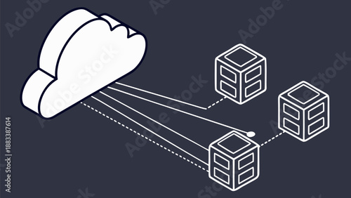 Cloud server network with interconnected data storage boxes on dark background