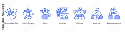 Leadership Skills web banner vector illustration featuring Communication Skills, Team Performance, Expert, Workshop, Difference, Leadership, and Conflict Management.