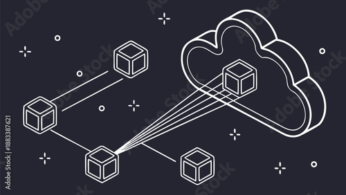 Cloud server network concept with interconnected cubes and floating cloud storage illustrating data exchange and technology infrastructure