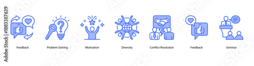 Workplace Motivation web banner vector illustration featuring Feedback, Problem Solving, Motivation, Diversity, Conflict Resolution, Feedback, and Seminar.