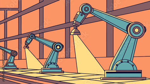 Robotic assembly line with three blue industrial robots working on a yellow production floor with orange walls and brown beams