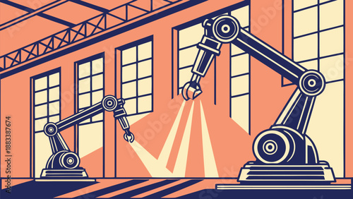 Robots assembling in a futuristic factory with orange walls and large windows industrial automation concept