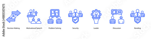 Decision Making web banner vector illustration featuring Decision Making, Motivational Speech, Problem Solving, Security, Leader, Discussion, and Bonding.