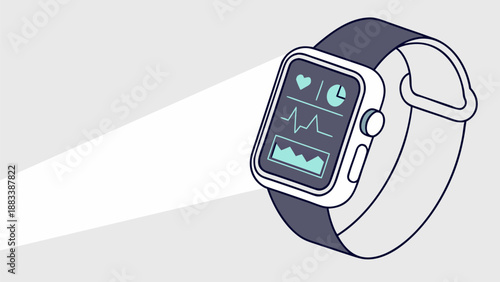 Smartwatch projecting holographic life dashboard with vital signs and health metrics on screen