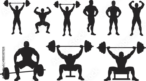 Bodybuilding silhouette set, weightlifting poses vector, muscular athlete icons, gym workout illustration, strength training design, fitness motion pack