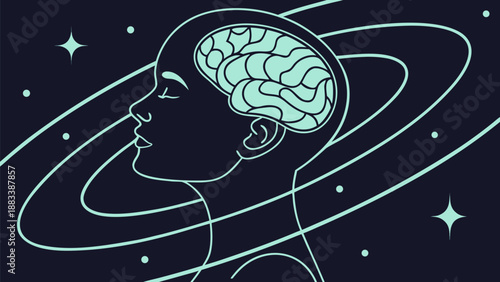 Human head with glowing brain core in space symbolizing artificial intelligence and cognitive technology