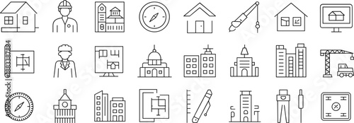 Architecture icon set, construction vector, black line illustrations, building design tools, urban planning symbols, drafting elements, engineer icons