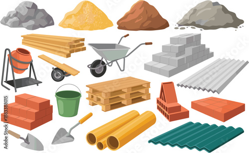 Construction materials, building tools, gravel, sand, cement, bricks, wood, wheelbarrow, mixer, pipes, trowels, bucket, blocks, metal sheets