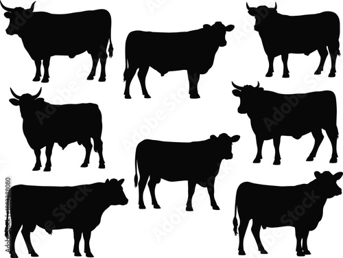 Cow silhouette set, livestock vector, black cattle icons, farm animal shapes, horned cow profiles, side view illustrations, rural design
