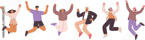 Jumping people illustration, happy pose vector, celebration silhouette, casual clothing figures, energetic gesture design, joyful group activity scene
