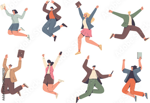 Jumping people illustration, success celebration vector, academic achievement pose, professional joy scene, casual character design, energetic group expression