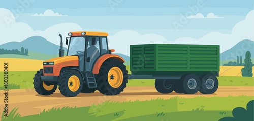 Modern tractor with trailer, rural farming vector, agricultural vehicle illustration, countryside landscape, field transport design, farm equipment scene