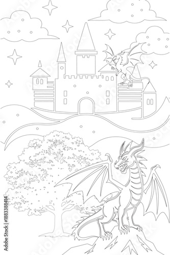 Illustration of a medieval winter village landscape featuring a fantasy fairytale castle line art for coloring books page