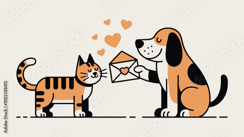Cat receives love letter from dog Vector, illustration