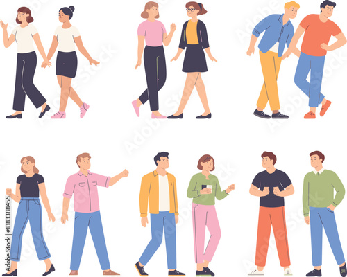 People interaction illustration, casual pair poses, social behavior vector, friendship gesture design, colorful character set, public communication scene