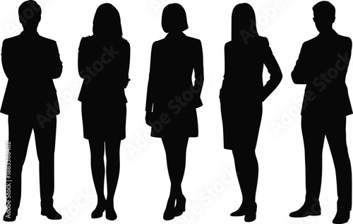 Professional team silhouettes, business attire vector, workplace diversity icons, standing pose illustration, corporate group design, black figure set