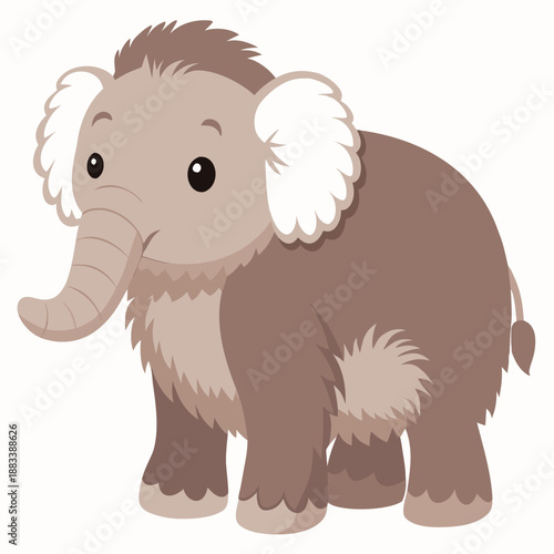 Cartoon baby woolly mammoth standing full body. Suitable for children’s books, education, stickers, mascots and logos. Isolated vector illustration on white background.