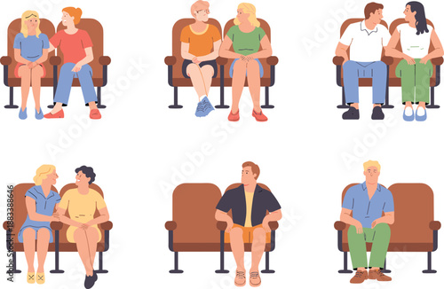 Theater seating silhouettes, social interaction poses, black figure icons, relationship gestures, public space design, emotional posture vector set