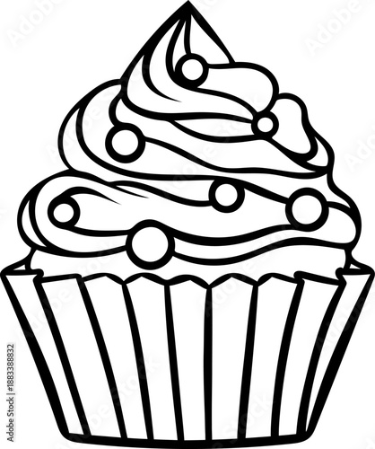 Hand-drawn sketch of a traditional cupcake decorated with pearls, Mardi Gras beads. Simple black and white icon for carnival feast, celebration