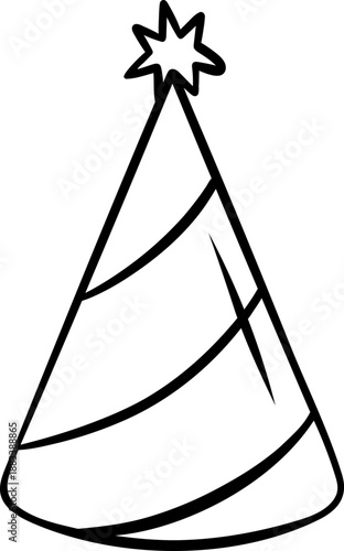 Simple black and white doodle of a striped party hat. Sketch style icon for birthday celebration, Mardi Gras, or festive carnival