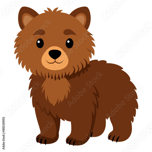 Fluffy bear cub standing full body. Cute brown teddy bear. Suitable for children’s books, education, stickers, mascots, and logos. Isolated vector illustration on white background.