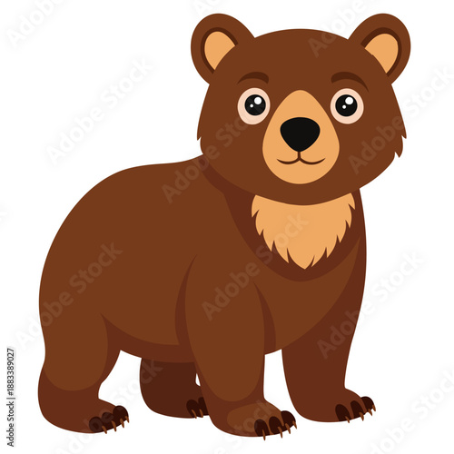Fluffy bear cub standing full body. Cute brown teddy bear. Suitable for children’s books, education, stickers, mascots, and logos. Isolated vector illustration on white background.