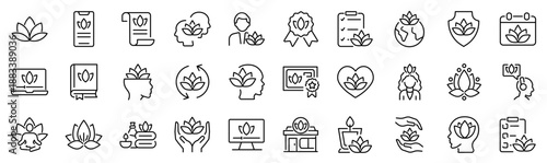 Set of 30 outline icons related to lotus. Linear icon collection. Editable stroke. Vector illustration