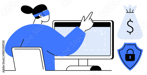 Woman in virtual reality headset pointing at computer screen. Icons of money bag and security shield focusing on online security, finance, digital protection. Ideal for cybersecurity, fintech
