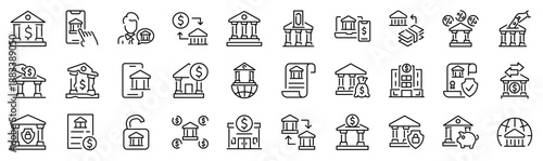 Set of 30 outline icons related to bank. Linear icon collection. Editable stroke. Vector illustration