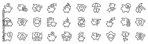 Set of 30 outline icons related to piggy bank. Linear icon collection. Editable stroke. Vector illustration
