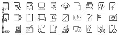 Set of 30 outline icons related to tablet. Linear icon collection. Editable stroke. Vector illustration
