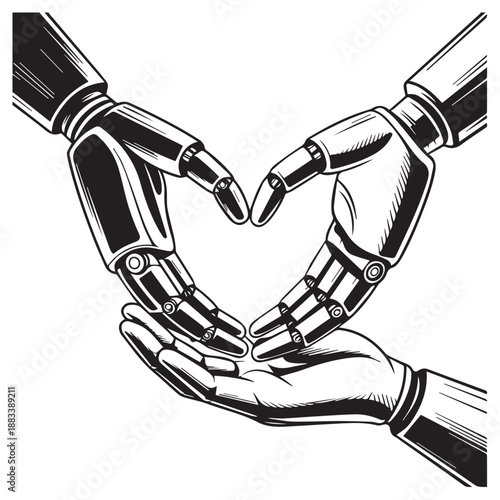Robotic hands and human hands forming heart shape together depicting artificial intelligence connection concept digital love human machine bonding cybernetic partnership and futuristic romance idea