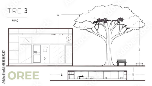 Modern architectural design featuring a central tree and bench Vector