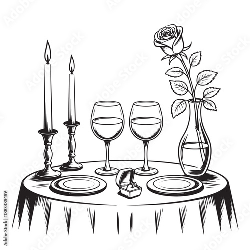 Romantic dinner scene with detailed sketch showing round table set with two wine glasses two plates two burning candles single rose in vase and small open box containing diamond engagement ring