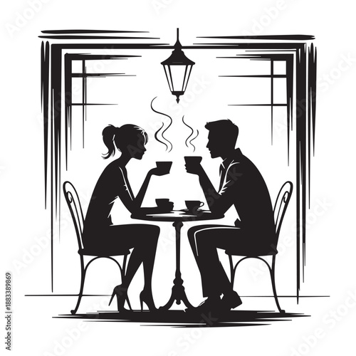 Silhouette couple drinking coffee enjoying romantic moment inside cozy cafe setting vector illustration